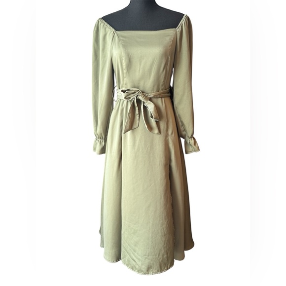 Elegant Olive Off-Shoulder Dress with belt medium - Picture 2 of 5